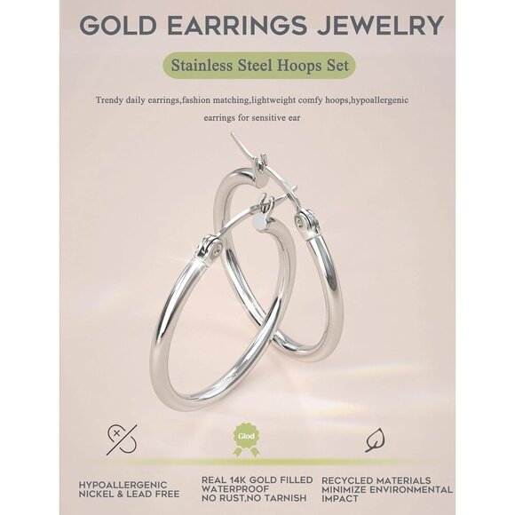 Women’s Stainless Steel Hoop Earrings Set 8 Pairs Gold Silver 10-20MM - Picture 4 of 8